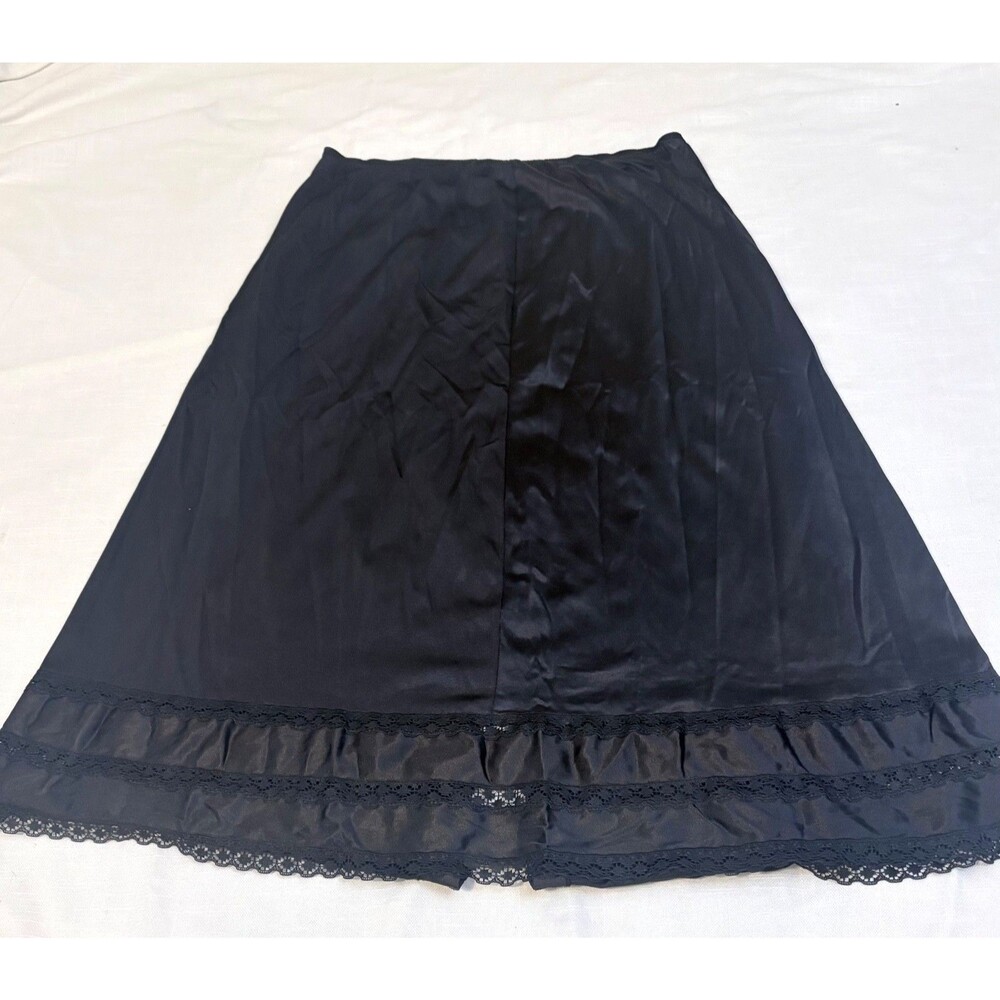 Vintage Black Lace Trim Half Slip Midi A-Line Back Slit Stretch Fits Modern M/L